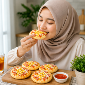 Pizza mini rumahan dengan topping sosis dan jagung manis