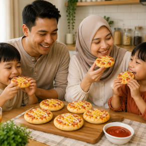 Keluarga bahagia menikmati pizza mini rumahan bersama