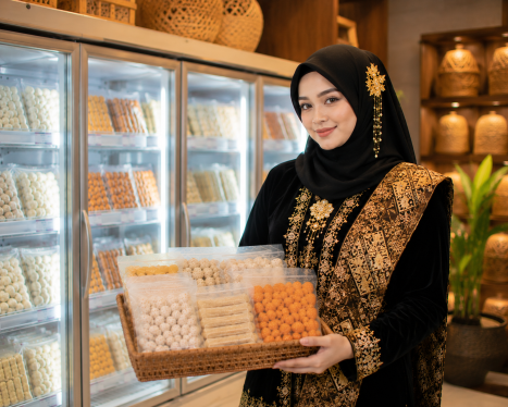 Muslimah syari mengenakan busana adat Sunda sedang membawa produk frozen food di toko frozen food terdekat Banyuwangi Frozen Food