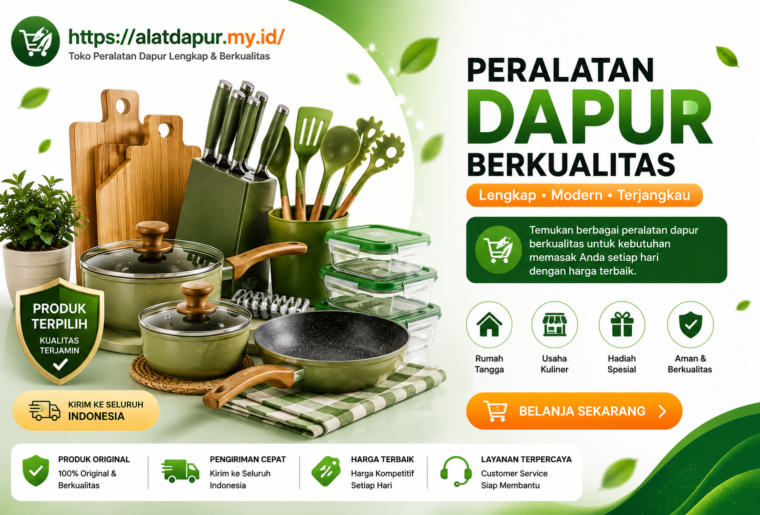 Banner AlatDapur.my.id menampilkan peralatan dapur berkualitas seperti panci, wajan, talenan, pisau, spatula, dan food container untuk kebutuhan memasak sehari-hari.