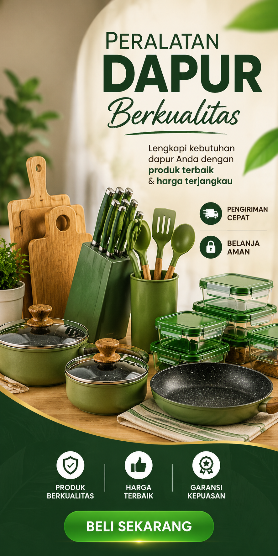 Banner vertikal peralatan dapur modern dengan panci, wajan, talenan kayu, pisau dapur, spatula, dan food container berkualitas.