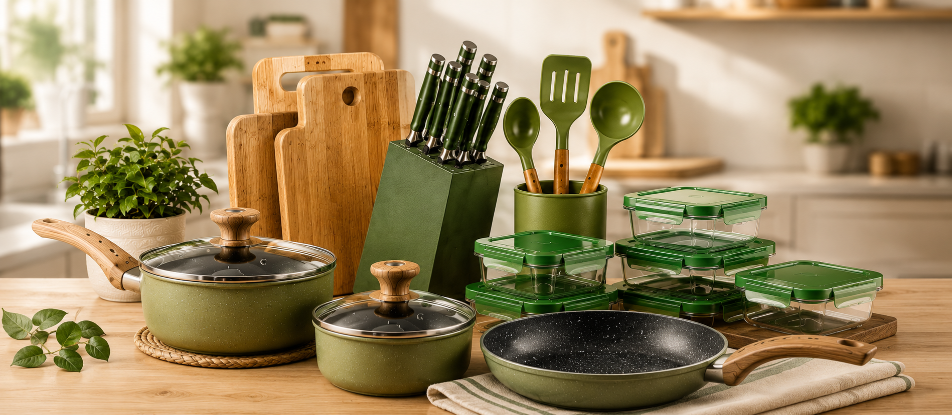 Peralatan dapur berkualitas terdiri dari panci, wajan, talenan, pisau, spatula, dan kotak penyimpanan makanan modern berwarna hijau.