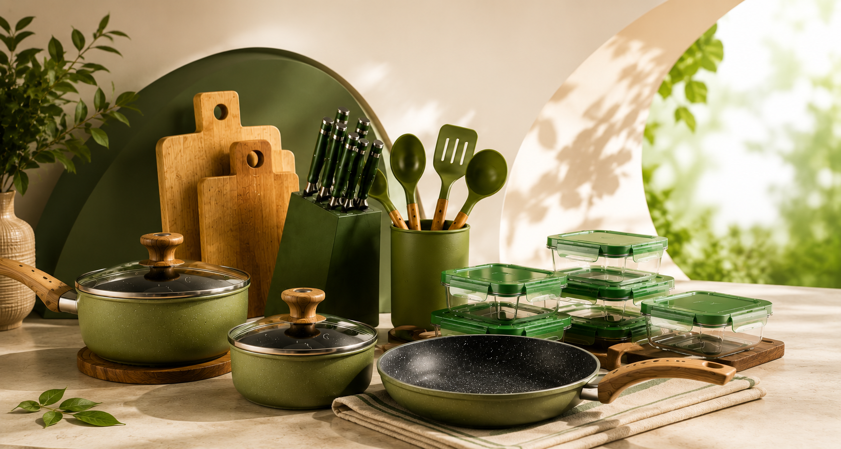 Set perlengkapan dapur modern dengan panci, wajan, talenan bambu, pisau stainless, alat masak silikon, dan wadah penyimpanan makanan.
